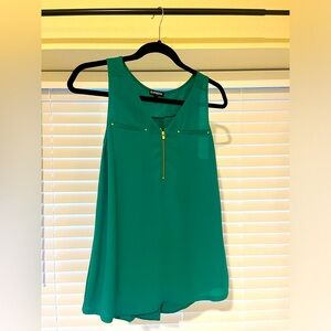 Express green sleeveless blouse with gold zipper detail
